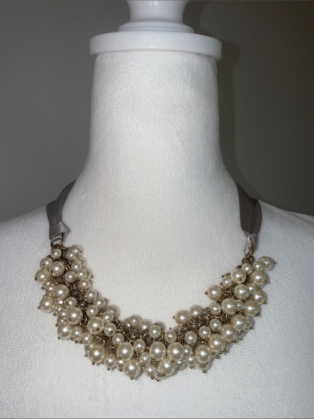 J. Crew Ivory Pearl Cluster Necklace with Taupe Ribbon